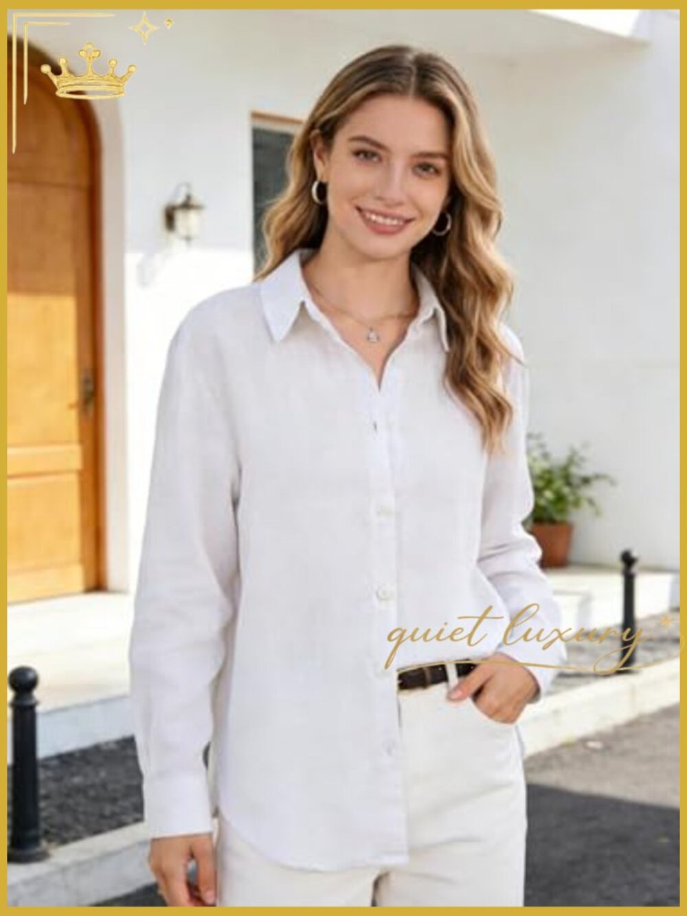 Oversize Linen Button Down Shirt V-Neck Long Sleeve Casual Office Top - Picture 2 of 7